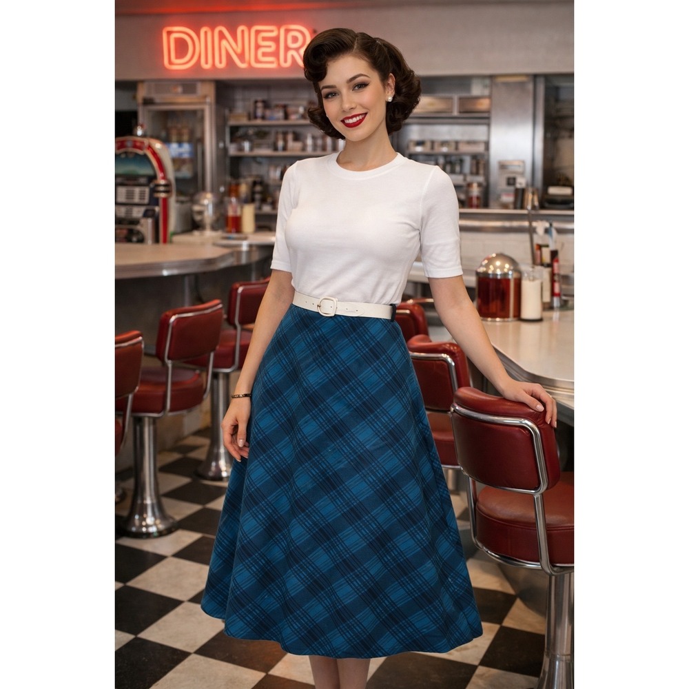 Serengeti‎ Retro Teal Blue Plaid A-Line Midi Skirt Size M Elastic Waist Knit Y2K
